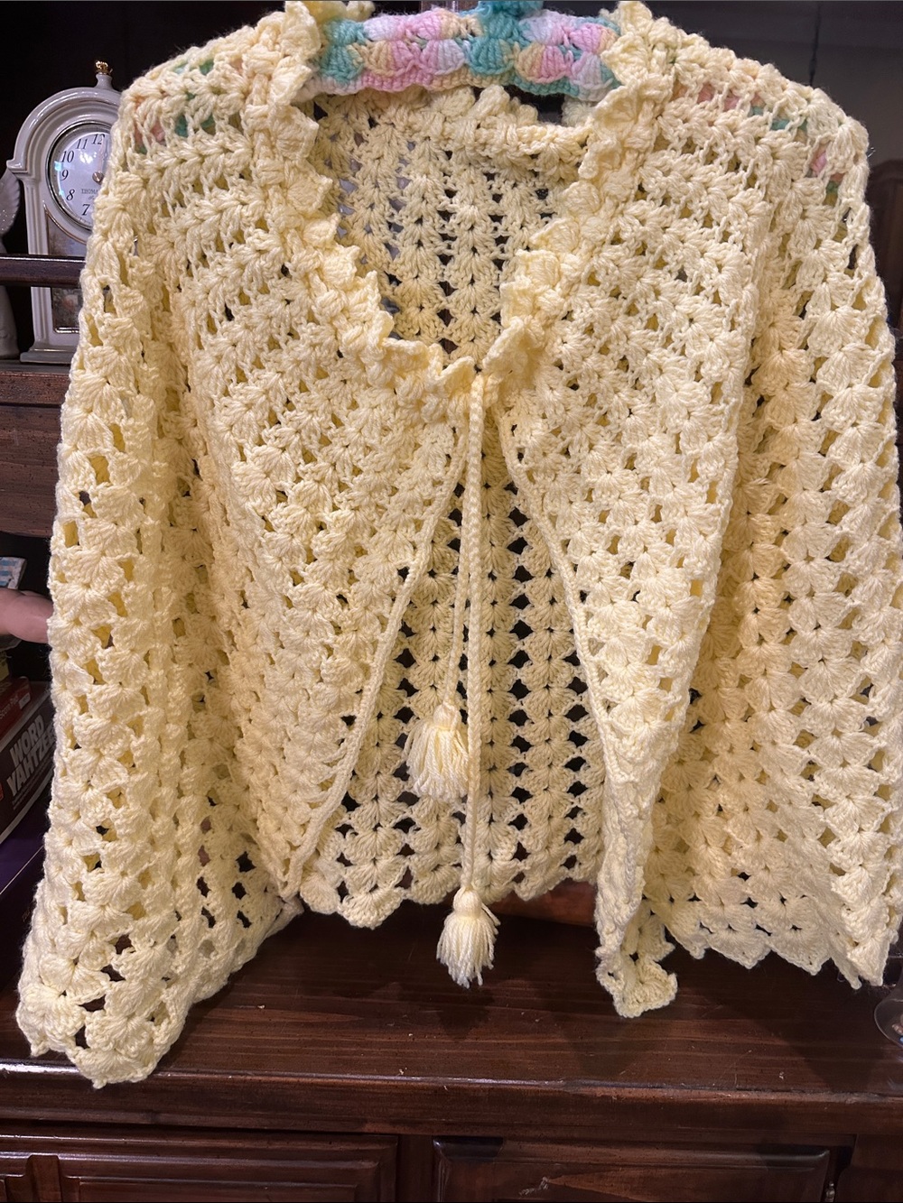 Handmade Cream Crochet Open-Front Sweater with Tassel Tie